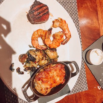 J. Gilbert's Wood-Fired Steaks & Seafood - Filet combo with Brussels, au gratin potatoes, maple bourbon shrimp - Seafood Near Me - Des Peres, Missouri
