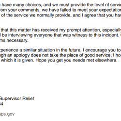 USPS - After a formal complaint was sent to USPS the "Supervisor" at the Potomac location on River Road responded by email.