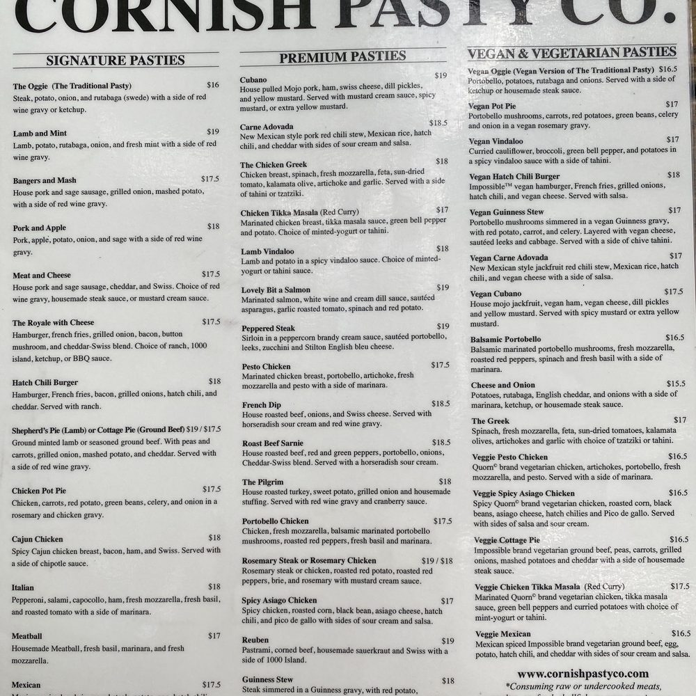 Cornish Pasty Co - Menu - British Near Me - Flagstaff, Arizona