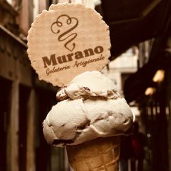 Murano Gelateria - Amaretto gelato topped with their signature waffle crisp.