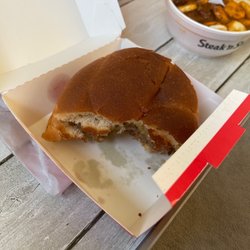 Steak ’n Shake - Burnt burger bun and tiny cup of Chili