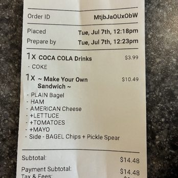 Kettle Bagels & Grill - Receipt showing $9.99 plus $.50 extra for chips. - Bagels Near Me - Plantsville, Connecticut Kettle Bagels & Grill - Receipt showing $9.99 plus $.50 extra for chips. - Bagels Near Me - Plantsville, Connecticut