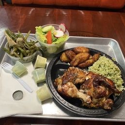 1/2 chicken, Green Rice, Green Beans, House Salad, Fried Plantain