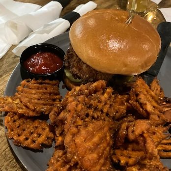 More Brewing - Nashville Hot Fried Chicken sandwich with sweet potato waffle fries. - Breweries Near Me - Huntley, Illinois More Brewing - Nashville Hot Fried Chicken sandwich with sweet potato waffle fries. - Breweries Near Me - Huntley, Illinois