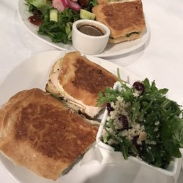 Chicken pesto panini with garden salad and dried cranberry couscous salad Chicken pesto panini with garden salad and dried cranberry couscous salad