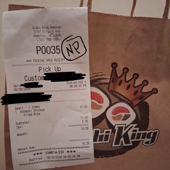 Sushi King - Hampton - The receipt showing I ordered fried rice. The picture shows white eocre artery I added the Habichi may and veggies. - Sushi Bars Near Me - Hampton, Virginia Sushi King - Hampton - The receipt showing I ordered fried rice. The picture shows white eocre artery I added the Habichi may and veggies. - Sushi Bars Near Me - Hampton, Virginia