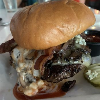 Engine No 9 - The Black n' The Black N' Blue Burger with mushrooms added. - Burgers Near Me - Saint Petersburg, Florida