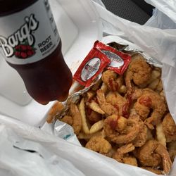 Krab Kingz Seafood Little Elm - Shrimp platter and flat bottled rootbeer!