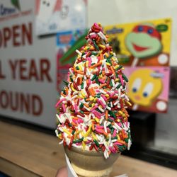 Bill's Carousel Ice Cream - 24 Flavor Soft Serve- swirl with rainbow sprinkles