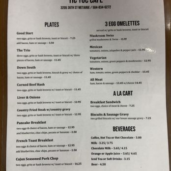 Tic Toc Cafe - Front of current menu - Diners Near Me - Metairie, Louisiana