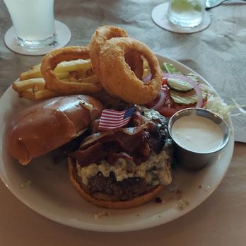 Ted's Montana Grill - Bison Burger with blu cheese & bacon with 50/50 onion romg ^ fr - Burgers Near Me - Aurora, Colorado Ted's Montana Grill - Bison Burger with blu cheese & bacon with 50/50 onion romg ^ fr - Burgers Near Me - Aurora, Colorado