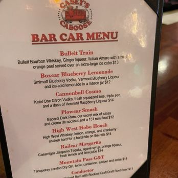 Casey's Caboose - Train themed drinks and they have a large locally brewed draft menu - Steakhouses Near Me - Killington, Vermont Casey's Caboose - Train themed drinks and they have a large locally brewed draft menu - Steakhouses Near Me - Killington, Vermont