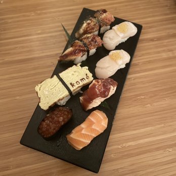 Komé - nigiri (ikura, tamago, unagi, hotate, zato-ichi, sake) - Japanese Near Me - Austin, Texas Komé - nigiri (ikura, tamago, unagi, hotate, zato-ichi, sake) - Japanese Near Me - Austin, Texas