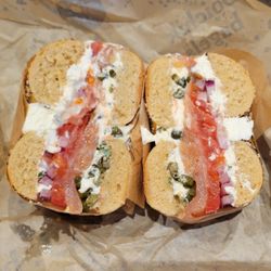 Boichik Bagels - The Classic - Nova Lox, Chive CC, Capers, Red Onion, and Tomato on toasted Everything Bagel.