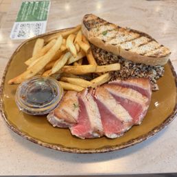 Seared Wild Ahi Tuna, French Fries, Organic Red & White Quinoa W. Tomato Pesto, Slice Grilled Rustic Bread