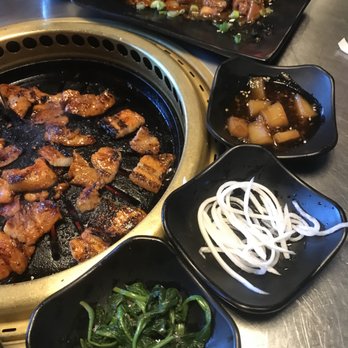 Gogi Yogi - Spicy pork belly and spicy pork, with cooked chicken served to us. The potato side (I don't know the traditional name...) is good! - Korean Near Me - Washington, DC, District of Columbia Gogi Yogi - Spicy pork belly and spicy pork, with cooked chicken served to us. The potato side (I don't know the traditional name...) is good! - Korean Near Me - Washington, DC, District of Columbia
