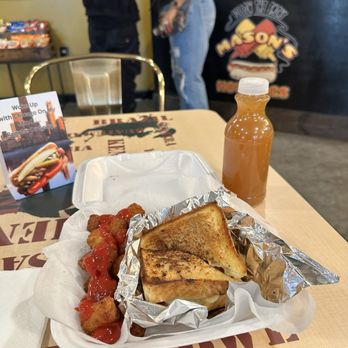 Mason's Hotdogs - Hawaiian Chicken Sandwich with pepper jack cheese, their famous tater tots, and their famous fruit tea! - Fast Food Near Me - Berry Hill, Tennessee Mason's Hotdogs - Hawaiian Chicken Sandwich with pepper jack cheese, their famous tater tots, and their famous fruit tea! - Fast Food Near Me - Berry Hill, Tennessee
