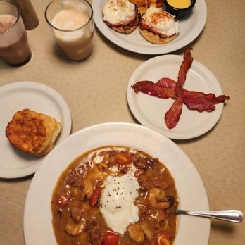 Reveille Coffeehouse Cafe - Shrimp and Grits, biscuit, eggs benedict, side of bacon - Cafes Near Me - Marietta, Georgia