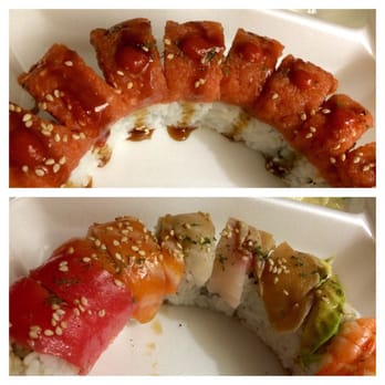 DelSushi - Top: red dragon roll, bottom: rainbow roll. Thanks Benny! - Sushi Bars Near Me - La Jolla, California DelSushi - Top: red dragon roll, bottom: rainbow roll. Thanks Benny! - Sushi Bars Near Me - La Jolla, California