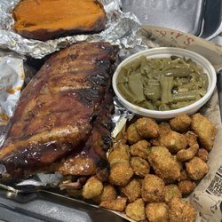 Sonny's BBQ - Sunny's BBQ Ribs , fried okra w green beans/ side baked potato