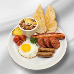 Sunshine & Pineapple - BIG HAWAIIAN TRIO
Pineapple Sausage
 Portuguese Sausage 
Breakfast Sausage
 Fried Egg
 Homemade Chili Topped Cheese
 Pineapple & Bread