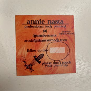 Shaman Modifications Body Piercing Studio - The blank follow up card I received which usually has a date to go see her. (I circled the area) Why hand out a blank follow up card? - Piercing Near Me - Dallas, Texas