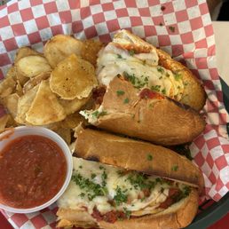 Sausage sub and chips Sausage sub and chips