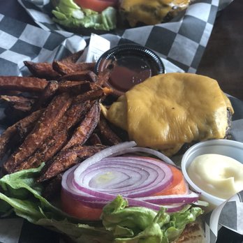 The Irish Rail - California Burgers one with steak fries the other with sweet potato fries. - Sports Bars Near Me - Manasquan, New Jersey The Irish Rail - California Burgers one with steak fries the other with sweet potato fries. - Sports Bars Near Me - Manasquan, New Jersey