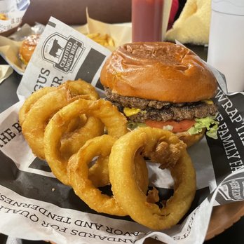 JLB Eatery - Double cheeseburger and onion rings. - Chicken Wings Near Me - Fulshear, Texas
