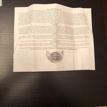 Custom Dynamics - Their receipt even says there's a return policy which was completely ignored by them. - Motorcycle Parts & Supplies Near Me - Youngsville, North Carolina Custom Dynamics - Their receipt even says there's a return policy which was completely ignored by them. - Motorcycle Parts & Supplies Near Me - Youngsville, North Carolina