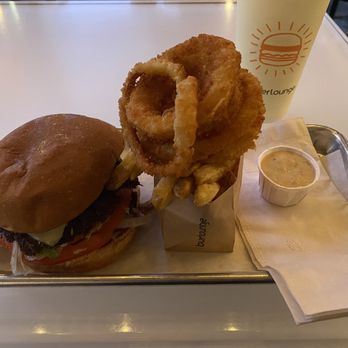 Burger Lounge - Lounge burger, half-and-half onion rings and fries, and honey mustard sauce - Burgers Near Me - San Diego, California Burger Lounge - Lounge burger, half-and-half onion rings and fries, and honey mustard sauce - Burgers Near Me - San Diego, California