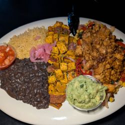 El Rey Burrito Lounge - The Platter with tempeh. Comes with sweet potatoes, beans and rice.