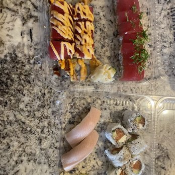 Ai Sushi - Red Dragon Roll, Hawaiian Roll, Philadelphia Roll and Yellowtail nigiri. - Sushi Bars Near Me - Plano, Texas Ai Sushi - Red Dragon Roll, Hawaiian Roll, Philadelphia Roll and Yellowtail nigiri. - Sushi Bars Near Me - Plano, Texas