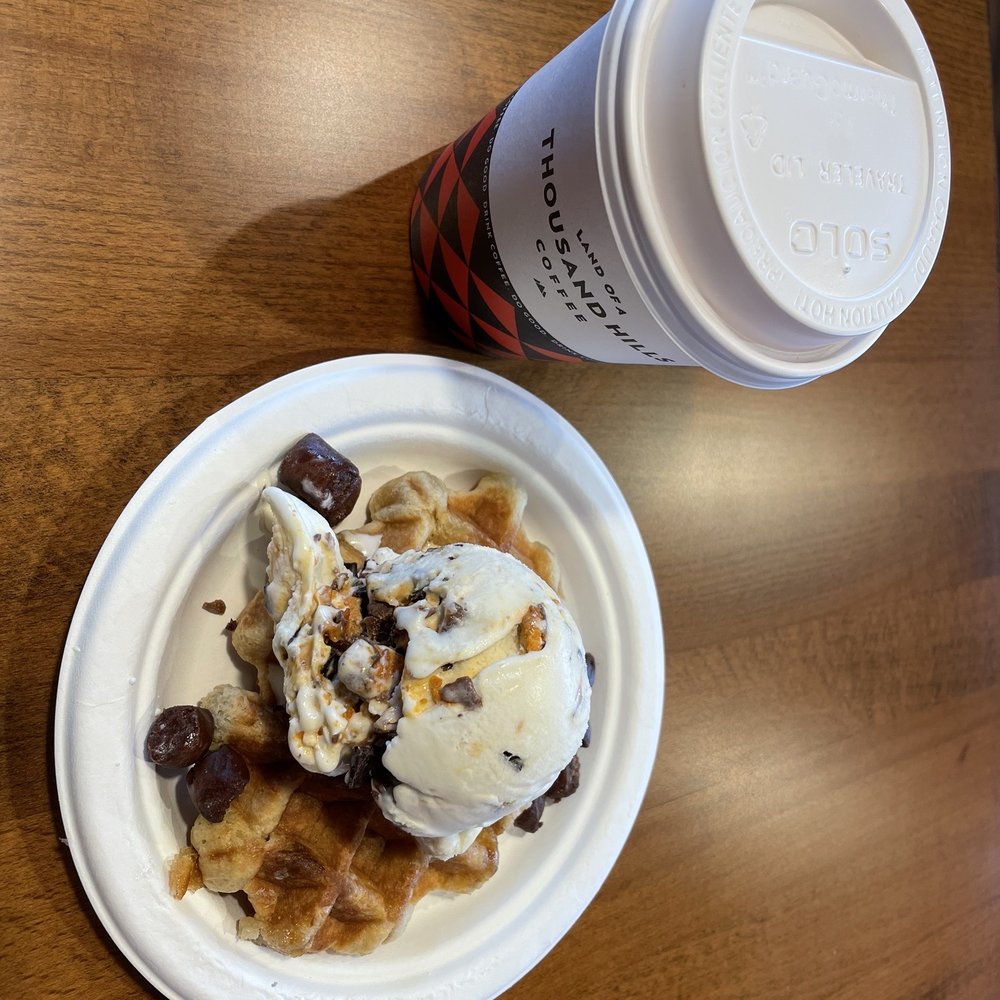 Café Dulce - Belgian waffle with Candy Bar Explosion frozen custard, plus coffee - Coffee & Tea Near Me - Augusta, Georgia Café Dulce - Belgian waffle with Candy Bar Explosion frozen custard, plus coffee - Coffee & Tea Near Me - Augusta, Georgia