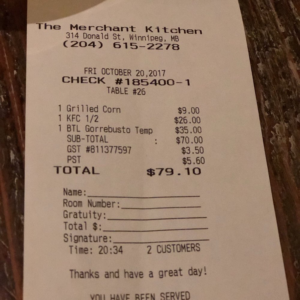 The Merchant Kitchen - Our bill - Cocktail Bars Near Me - Winnipeg, Manitoba