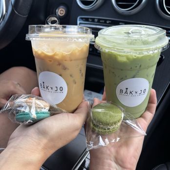 Bak & Jo Bakery and Coffee - Iced latte with brown sugar syrup, matcha, fruity pebble and matcha yuzu macarons - Bakeries Near Me - Mesa, Arizona
