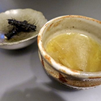 Alinea - #2 - Crunch & Paper - shio kombu, nori (in back) and broth of scallop sheets, corn, butter - New American Near Me - Chicago, Illinois