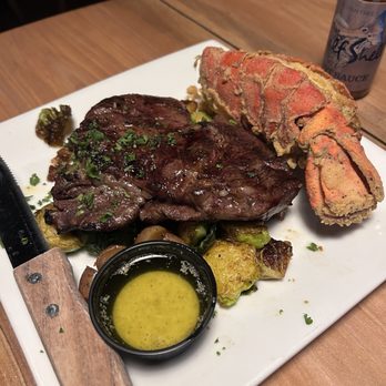 The Half Shell - Ribeye, lobster tail and Brussels sprouts! - Seafood Near Me - Saint Simons Island, Georgia