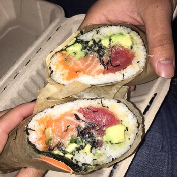 Pokeworks - our salmon and tuna poke burrito with cucumbers, cilantro, masago, avocado(ex $1.50), nori, and sesame seeds - Poke Near Me - Somerville, Massachusetts Pokeworks - our salmon and tuna poke burrito with cucumbers, cilantro, masago, avocado(ex $1.50), nori, and sesame seeds - Poke Near Me - Somerville, Massachusetts