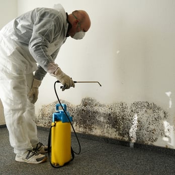 Kendra's Remediation - a man in a white suit spraying a wall - Damage Restoration Near Me Kendra's Remediation - a man in a white suit spraying a wall - Damage Restoration Near Me