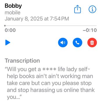 B Line Movers - Rude voicemail from owner because I left a bad review. - A screenshot of a voicemail from Bobby, with a transcription message criticizing a life lady and requesting stop harassment. - Movers Near Me - Gilbert, Arizona