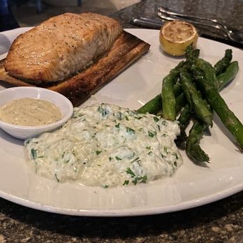 Seasons 52 - Cedar Plank-Roasted Salmon with Asparagus and Truffled Risotto - New American Near Me - Sunrise, Florida Seasons 52 - Cedar Plank-Roasted Salmon with Asparagus and Truffled Risotto - New American Near Me - Sunrise, Florida