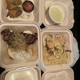 Kalua pork spring rolls, broccoli cheese soup, chicken piccata, butter garlic steak Kalua pork spring rolls, broccoli cheese soup, chicken piccata, butter garlic steak