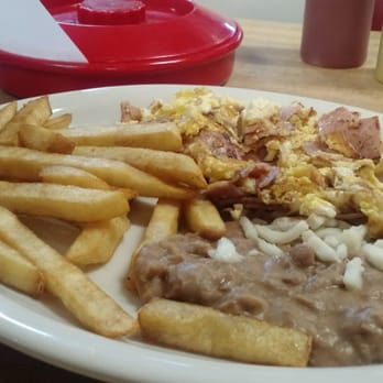 Pancho Tacos - Ham & egg breakfast w/ refried beans, fries, tortillas, and three sauces.  A good, cheap meal!  :) - Mexican Near Me - Arlington, Texas
