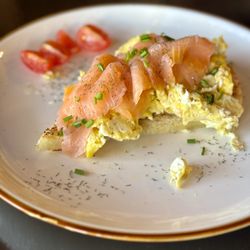 Corner Bistro - Scrambled eggs on house focaccia with salmon
