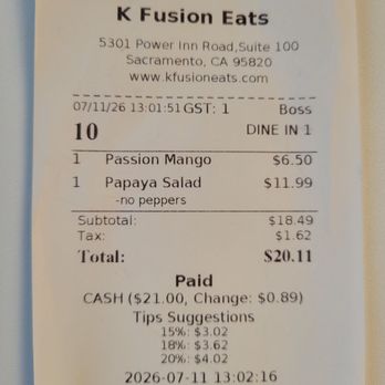 K Fusion Eats - My bill - Asian Fusion Near Me - Sacramento, California K Fusion Eats - My bill - Asian Fusion Near Me - Sacramento, California