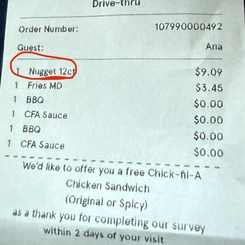 Chick-fil-A - Proof of what I had ordered - Fast Food Near Me - Fullerton, California