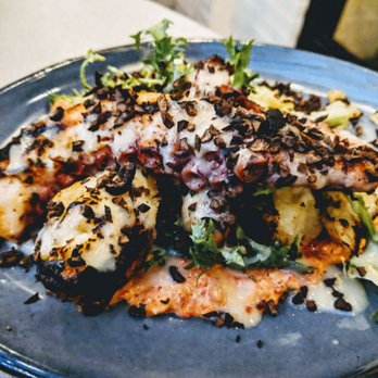 Aba - GRILLED OCTOPUS - frisée, grilled potatoes, black olive, romesco - Mediterranean Near Me - Chicago, Illinois