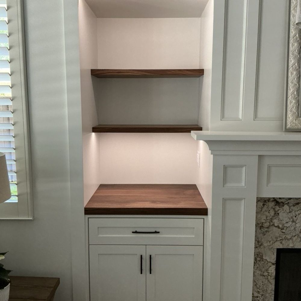 Next Level Custom Woodworking - AFTER: New mini-bar and storage alcove. Walnut shelving custom fabricated by Brandon. - Carpenters Near Me Next Level Custom Woodworking - AFTER: New mini-bar and storage alcove. Walnut shelving custom fabricated by Brandon. - Carpenters Near Me