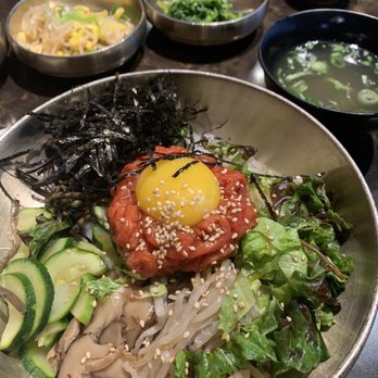 Anto - Yuk Hwe Bibim Bap - rice w/beef tartar and seasoned veggies - Korean Near Me - New York, New York Anto - Yuk Hwe Bibim Bap - rice w/beef tartar and seasoned veggies - Korean Near Me - New York, New York